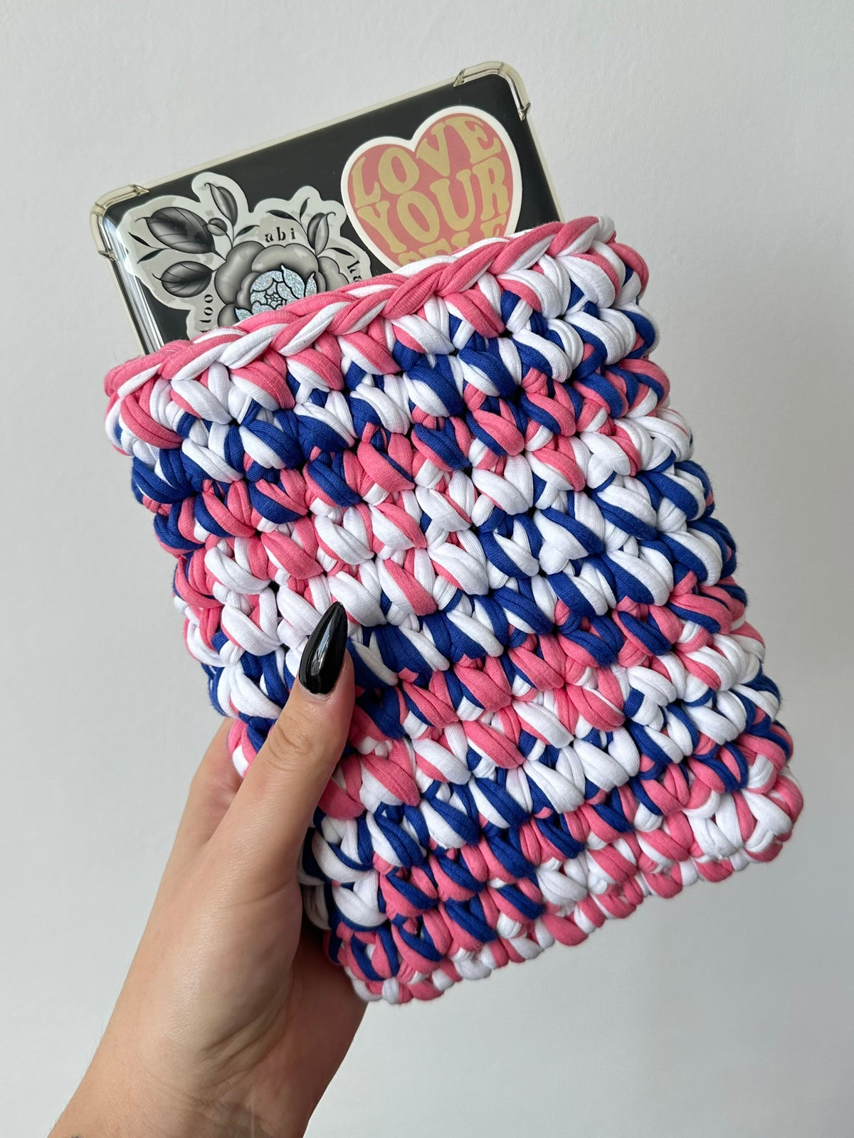 Blue, Pink and White Kindle sleeve.